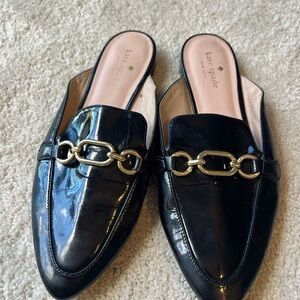 Women’s Kate Spade Black Loafers Patent Leather Gold Hardware Sz. 7.5 GUC